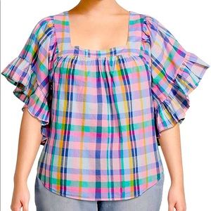 Colorful Plaid Square Neck Peasant Top Plus Sz 2X terra & sky